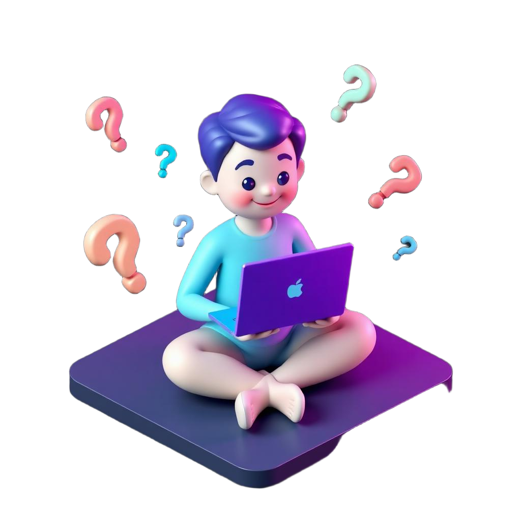 Illustration of a person with a laptop surrounded by question marks